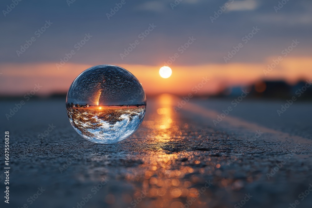 Poster sunset reflection captured in a crystal ball on the beach with clouds and water creating a serene at