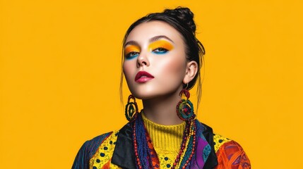 Vibrant portrait of a model with bold makeup and vivid yellow background.