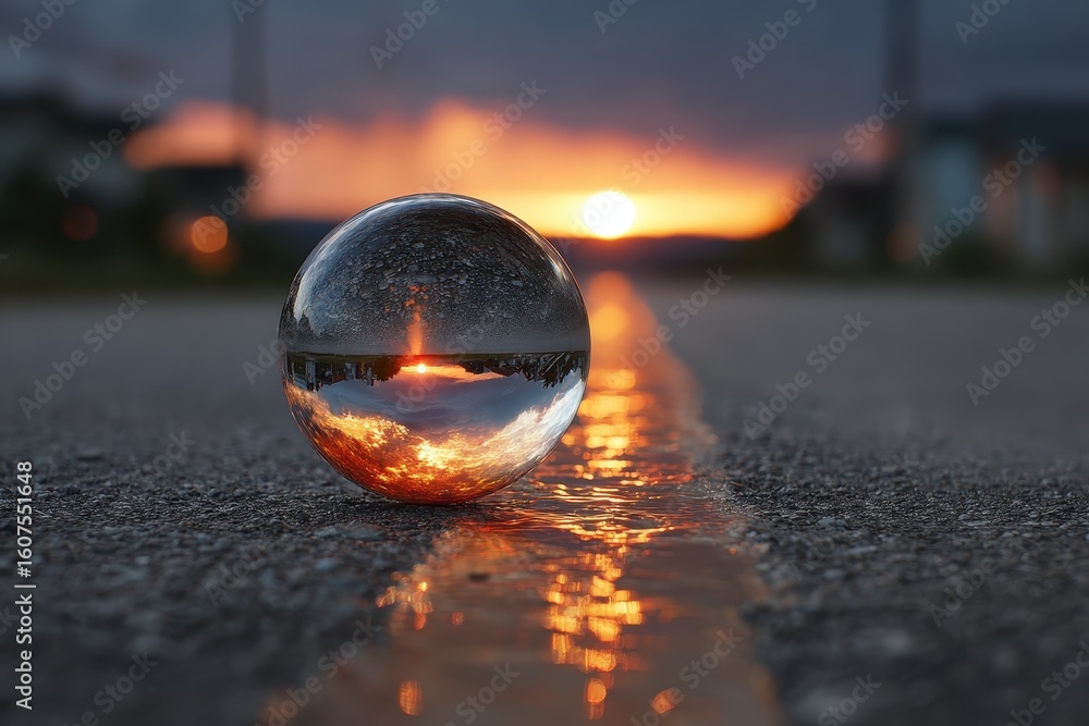 Poster sunset reflection captured in a crystal ball on the beach with clouds and water creating a serene at