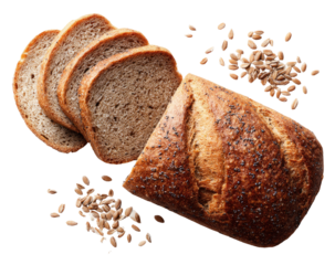 Sliced loaf of whole-grain bread, topped with seeds, arranged diagonally