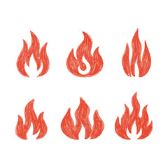 Fire flames icon set vector illustration with burning symbols in red and orange colors. 