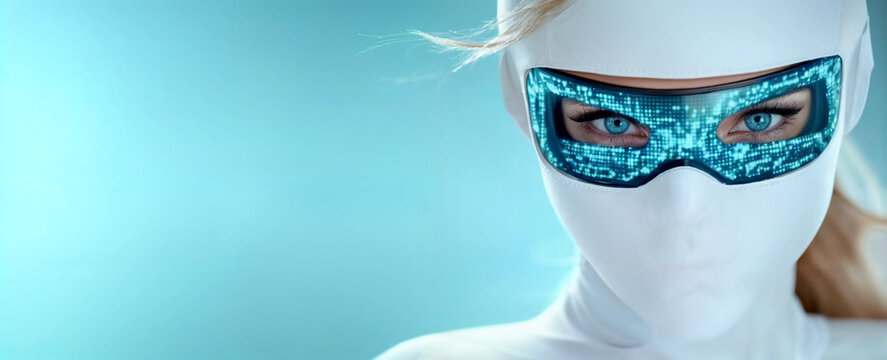 Mysterious woman in a white ninja suit and techno mask on blue background. Superhero and futuristic technology concept. Digital portrait for poster, banner with copy space