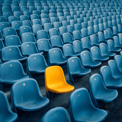 Obraz premium A vivid yellow stadium seat sits alone among a sea of blue chairs, creating a striking visual contrast in an organized setting.