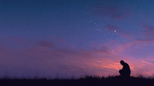 Faith-inspired serene wallpaper featuring a silhouetted figure in prayer, with a tranquil backdrop of a twilight sky, soft glowing stars and ample copy space for text.