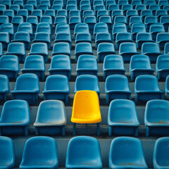 Obraz premium A vivid yellow stadium seat sits alone among a sea of blue chairs, creating a striking visual contrast in an organized setting.