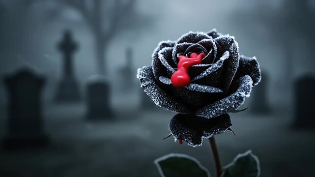 Cinematic shot of a frozen black rose bleeding in a misty graveyard at twilight, a dark fantasy concept of loss and melancholic beauty.
