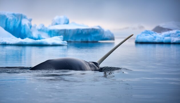 majestic narwhal swimming in icy waters its tusk prominently displayed against a backdrop of fog and icebergs