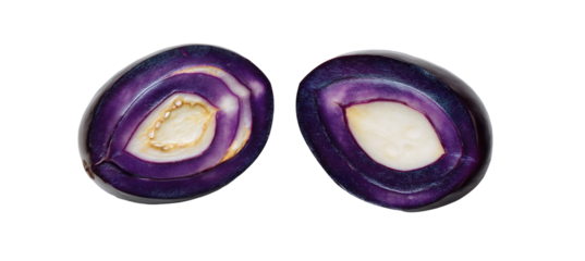 Two halves of a vibrant purple vegetable, showcasing concentric layers of white and purple