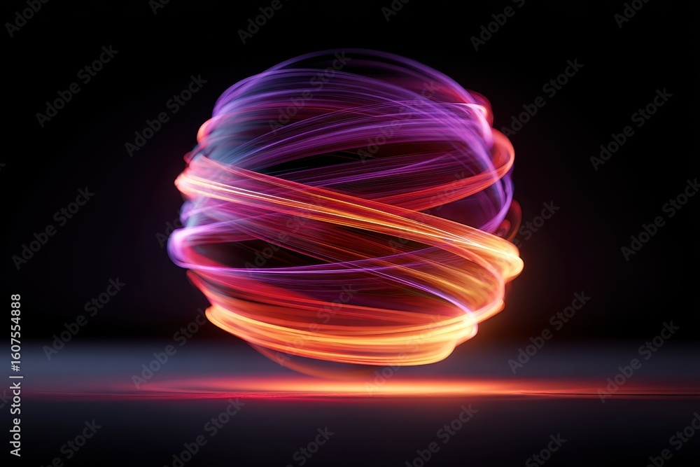 Poster brightly colored abstract sphere with intertwining light strands representing energy and motion in a