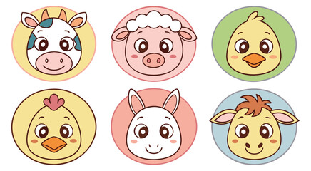 Fototapeta premium Six Cute Cartoon Farm Animal Faces in Circles sheep
