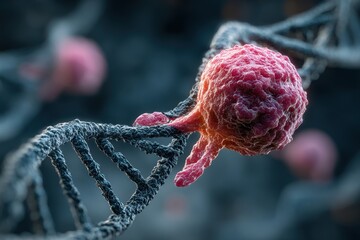 Detailed view of cancer cell interacting with DNA strand in a highly magnified laboratory environment