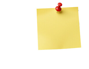 Yellow sticky note pinned with a red thumbtack isolated on transparent background