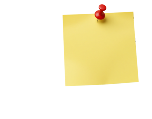 Yellow sticky note pinned with a red thumbtack isolated on transparent background