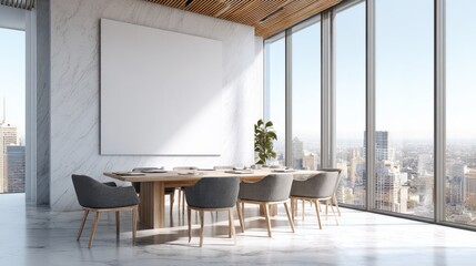 Blank white poster on the corner of modern sunny business meeting room with wooden table, marble floor and huge window with city view. Mockup. 3D rendering, no logos, no brands