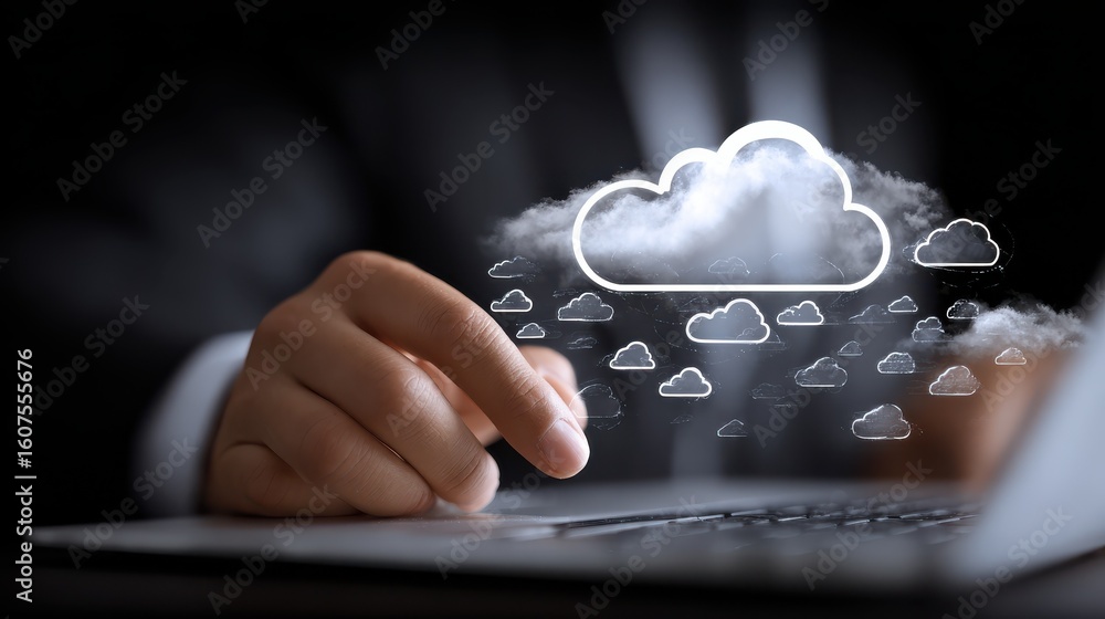 Poster businessman hand working with a cloud computing diagram on the new computer interface as concept, no