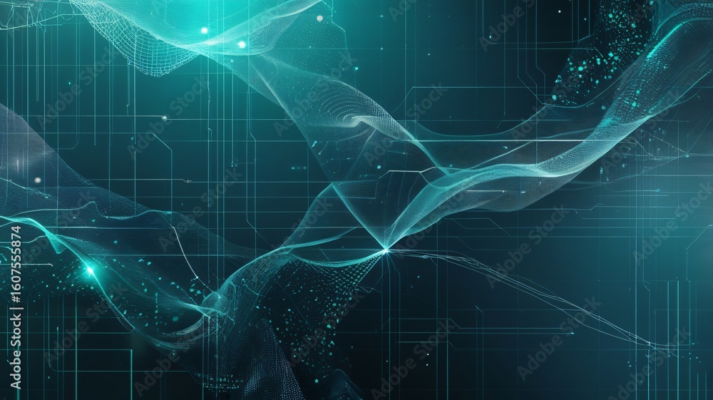 Poster dynamic teal technology network with glowing nodes for modern business or creative projects and pres