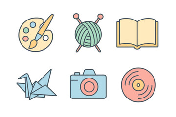 Hand-drawn pastel icons featuring open book, origami crane, and vinyl record. Ideal for arts, crafts, and entertainment branding.