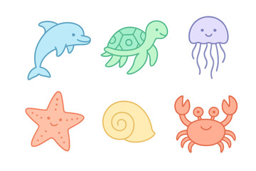 Hand-drawn sea life icons with jellyfish, crab, and seashell in pastel tones. Ideal for playful branding, UI, and educational graphics.