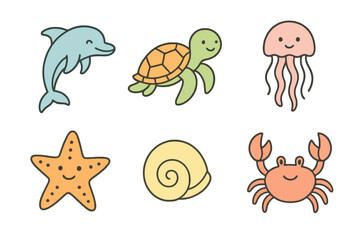 Pastel vibrant thin line icons of cute marine animals including dolphin, turtle, and starfish. Perfect for kids’ projects and summer designs.
