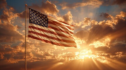 The American flag waves proudly against a stunning golden sunset, with dramatic clouds and sun rays creating a patriotic and inspiring scene.