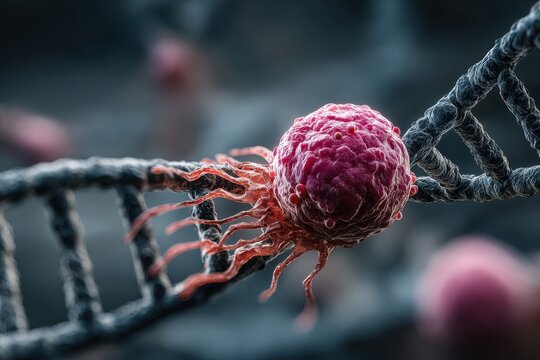 Detailed view of cancer cell interacting with DNA strand in a highly magnified laboratory environment