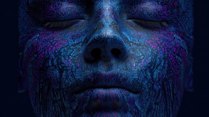 Digital human face with abstract patterns in blue and purple against dark background.