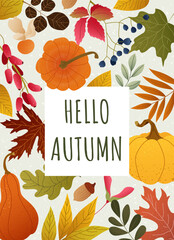 Festive autumn card with pumpkins, berries, acorns and colorful foliage. Warm seasonal Thanksgiving design Vector textured illustration for poster, print, fall fair banner, greeting card Hello autumn
