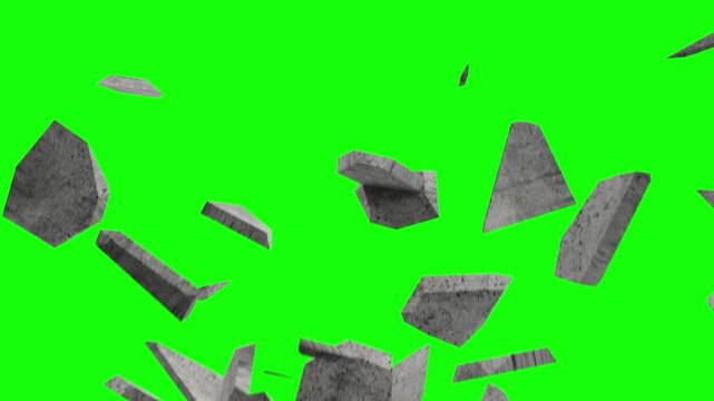 Many flying and falling pieces of concrete. Concrete wall destruction animation Concrete wall destruction from right to left. Cracked cement wall. Slow motion video of wall destruction.