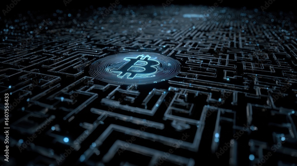 Poster digital abstract of a bitcoin labyrinth highlighting the complexity and thrilling challenges in cryp