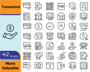 Black And White Transactions Line Vector Icons set.