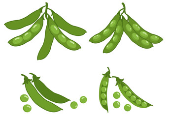 The image displays pea pods some in clusters and others open with loose peas