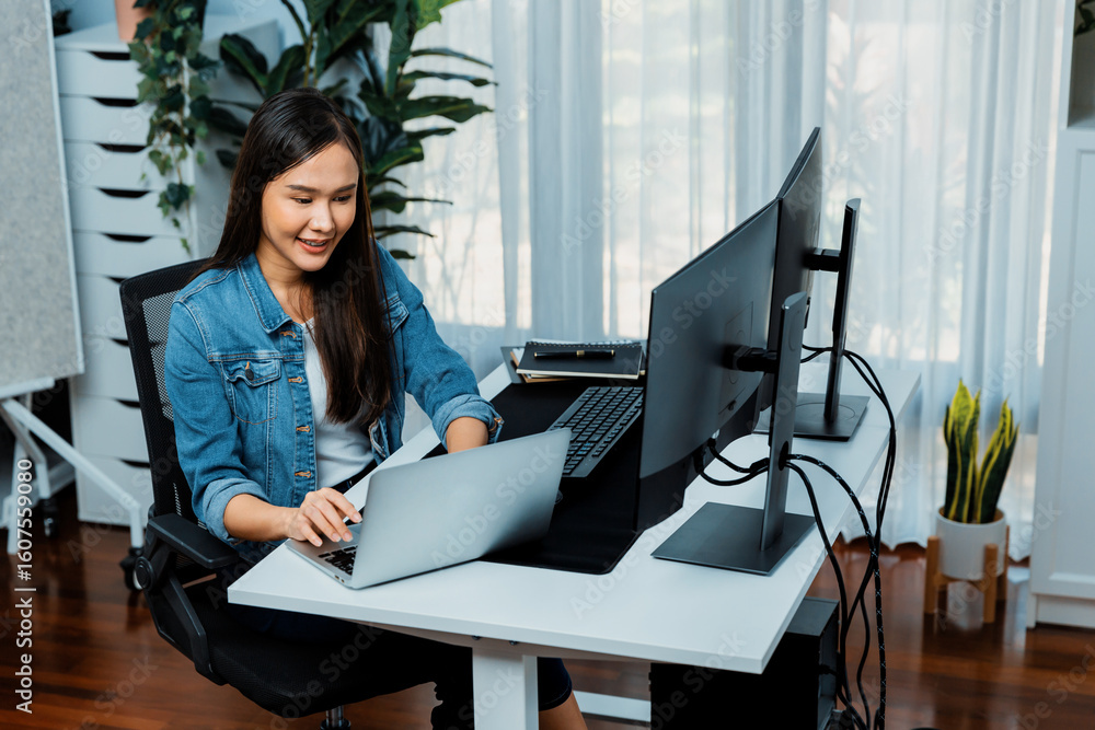 Poster smiling young asian in it developer creating with typing online information on laptop with coding pr