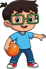 Cartoon child character with green glasses holding basketball, wearing sporty outfit and sneakers, energetic vector illustration for kids design