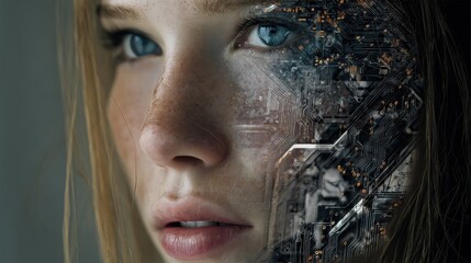 AI Mind: Digital Portrait of a Woman with Circuitry Overlay