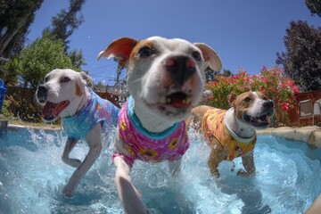 Pets stay cool: dogs play in pool with summer gear. Ear infection care. Managing dog health in summer heat: avoiding infections and hotspots. Vet advice. Safe pet fun.