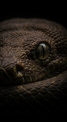 Obraz premium Close up of a pit viper snake eye and scales on a dark background. Reptile skin texture with a focused eye. Danger and wild animal concept for nature projects.