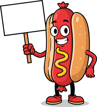 Naklejki Cartoon hot dog character with smiling face holding blank sign, mustard topping, red shoes, fun food mascot vector illustration