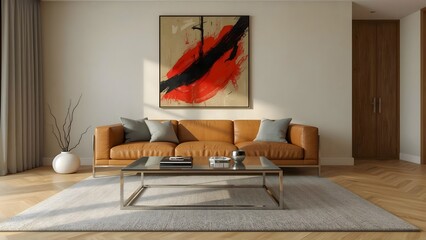 Modern living room with tan leather sofa and abstract art