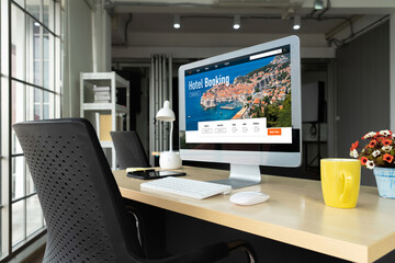 Online hotel accommodation booking website provide modish reservation system . Travel technology concept .