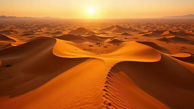 Golden sunset paints the stunning Sahara Desert dunes with mesmerizing warm colors in this breathtaking video journey