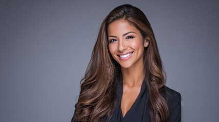 Fototapeta premium portrait of a American Latina female TV smiling business professional woman news presenter brown long hair wearing dressed elegantly formal on a grey background AI Generate