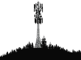 antenna tower silhouette in black forest  isolated on white
