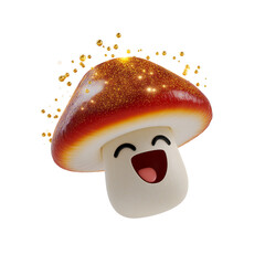 Happy mushroom emoji with shimmering cap and glowing spores falling slowly on white background, 3D vendor, animated