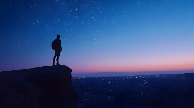 Silhouette of a lone figure standing on a cliff at dusk gazing at the starry night sky above a city - Powered by Adobe