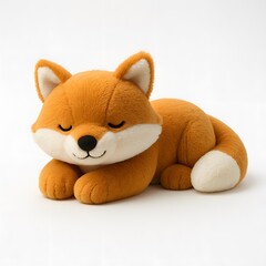 Orange Plush Fox Stuffed Animal Toy Lying Down in Tranquil Sleep on White Background