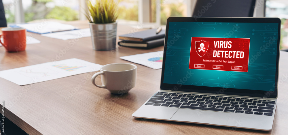 Poster virus warning alert on computer screen detected modish cyber threat , hacker, computer virus and mal