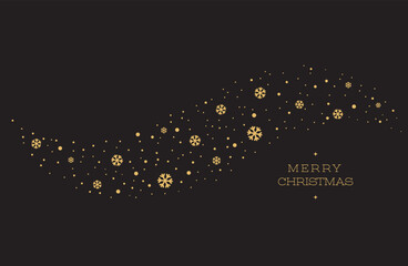 Merry Christmas and Happy New Year greeting card. Gold Snowflake Pattern on Black Background.