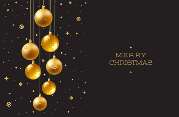 Merry Christmas and Happy New Year greeting card. Gold Snowflake Pattern on Black Background.