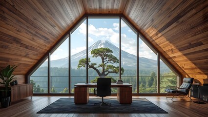 Modern a frame cabin office with mountain view and bonsai tree