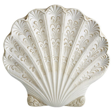 Ornate white scallop shell decorative plate isolated on transparent background